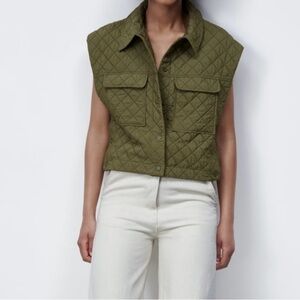 WOMENS  ZARA QUILTED GREEN ARMY VEST JACKET SZ SMALL